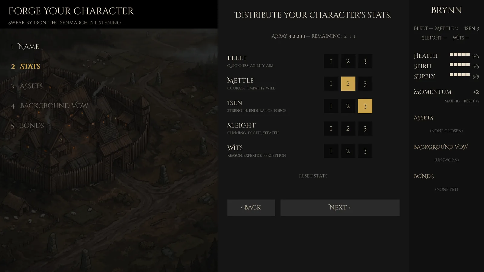 Isentroth character creation: distributing Fleet, Mettle, Isen, Sleight, and Wits for a character named Brynn.