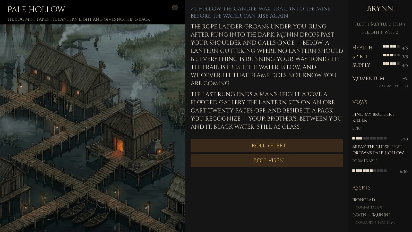 A scene in Pale Hollow: the location on the left, the Machine Game Master’s prose in the center, and the character sheet on the right.